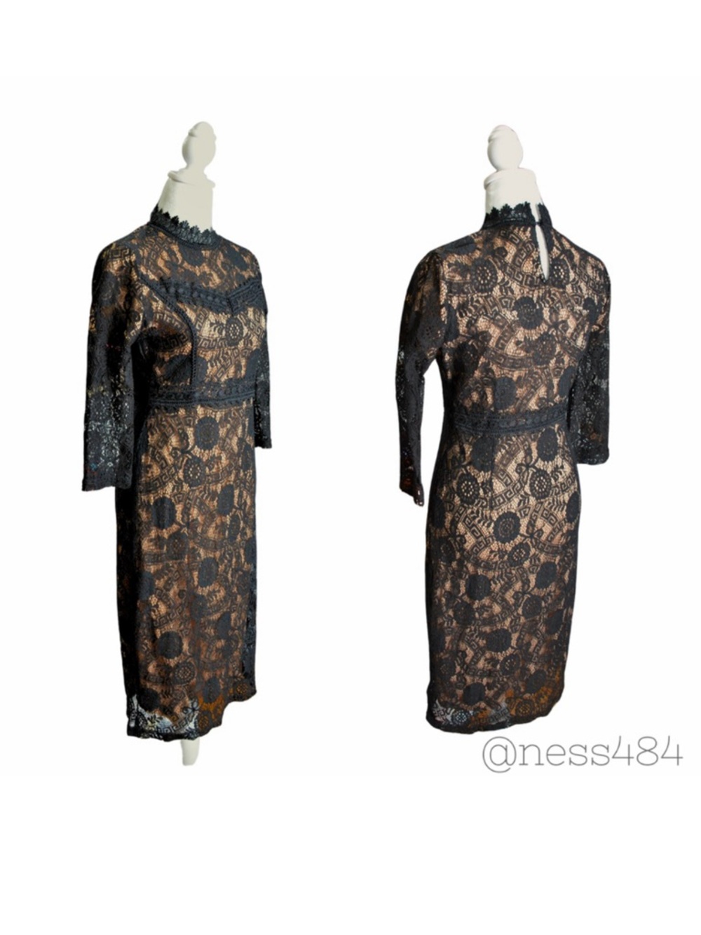 Polagram Black Lace Mock Neck Sheath Dress Small